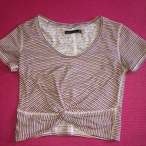 White and blue striped twist knot crop top